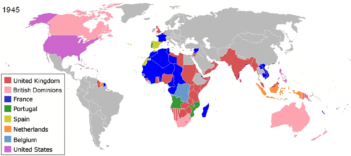 This map from 1945 depicts India and Indonesia as colonized, which gained independence by 1950. Still, there were far fewer independent nations in 1950 than today.