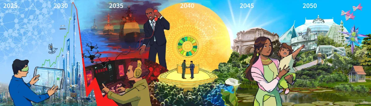 Panoramic mural illustrating the Peace Through Prophecy scenario, by Diana Gurvich